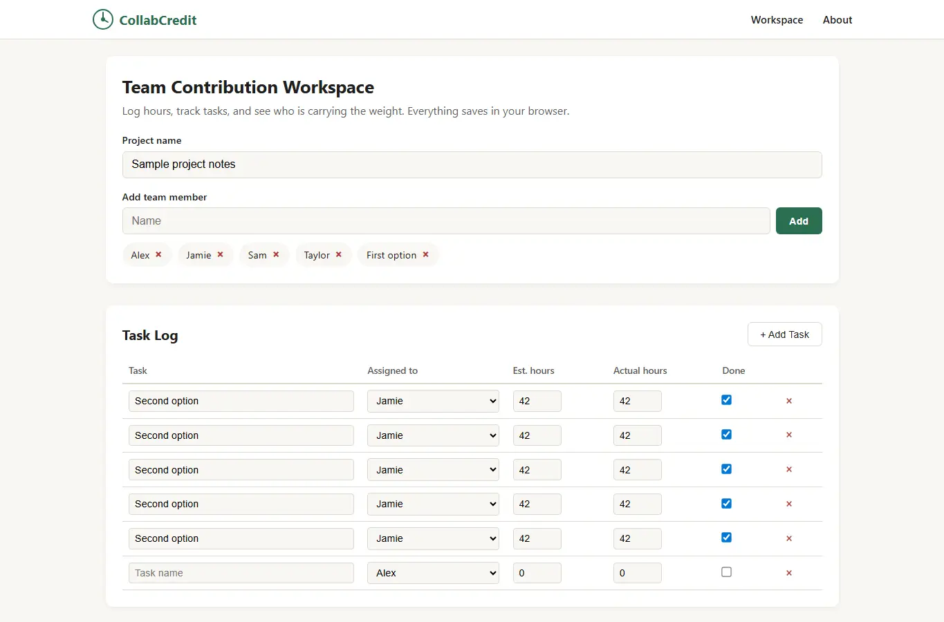 Screenshot of CollabCredit — Team Project Contribution Tracker interface showing the project page in use